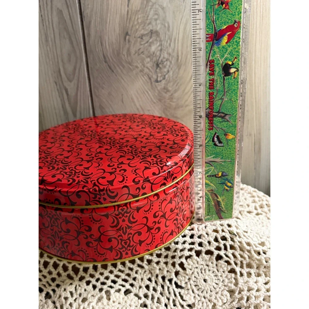 Red Black Damask Round Tin Scroll Pattern Gold Interior Storage Container 7x3